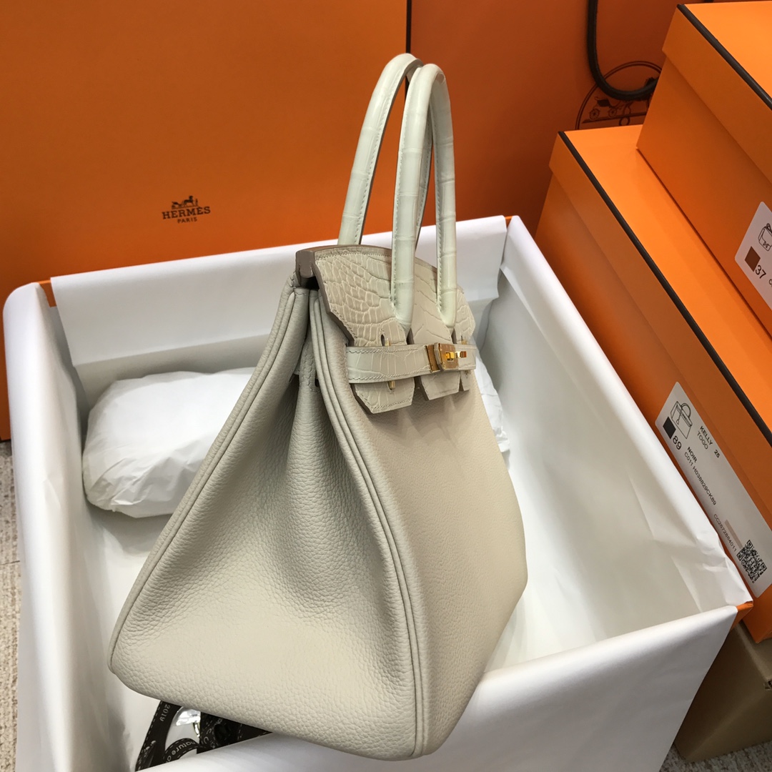 Hermes Touch Birkin 30CM Handbag In White Clemence and Matte Alligator Crocodile Skin